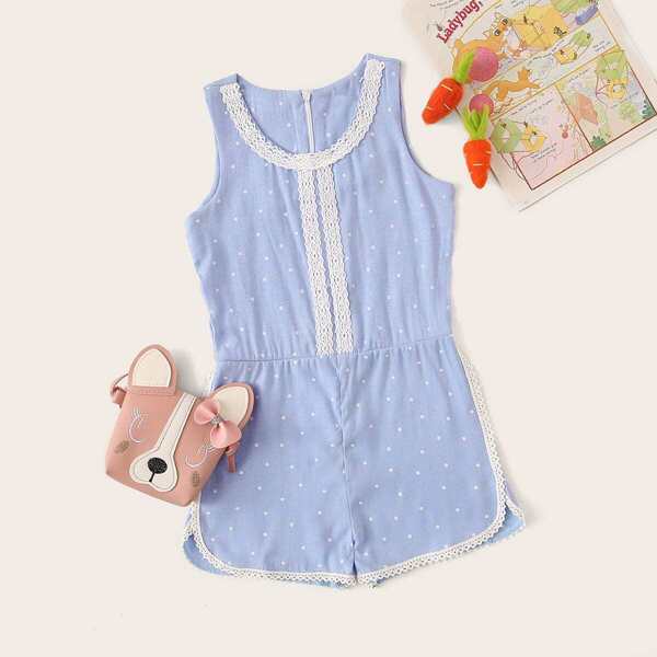 

Toddler Girls Lace Trim Polka-dot Print Jumpsuit, Blue pastel
