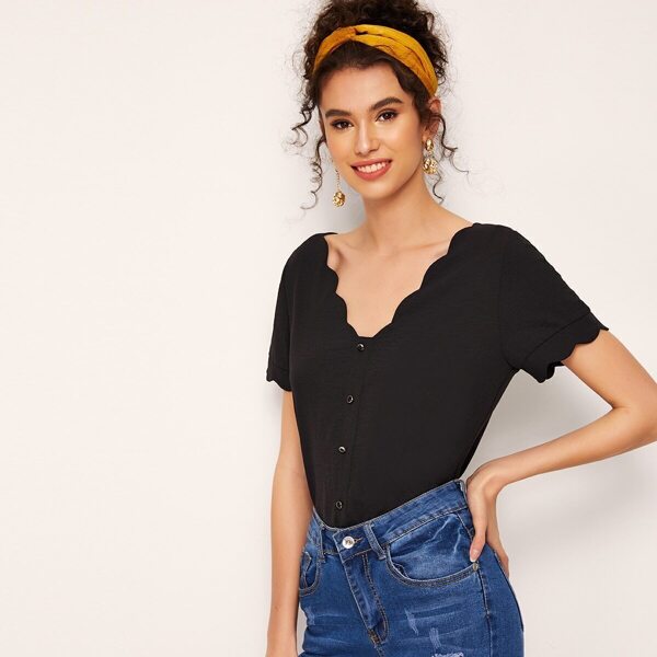 

Button Front Scalloped Trim Top