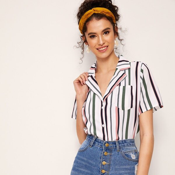 

Pocket Patch Notch Neck Striped Shirt