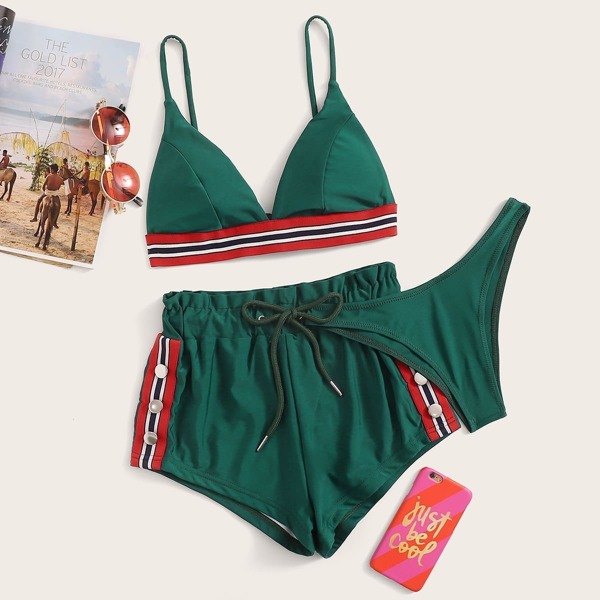 

Striped Trim Bikini Set With Shorts 3pack
