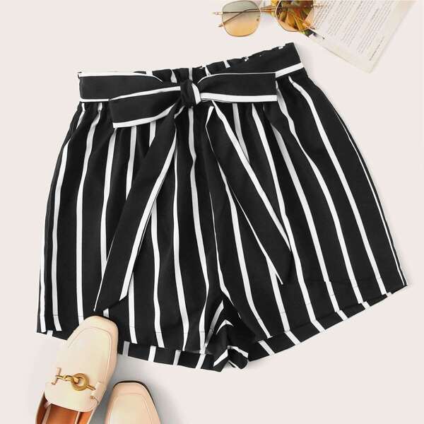 

Vertical Striped Belted Shorts, Black and white