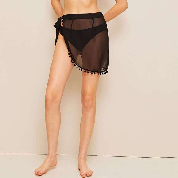 

Pompom Hem Tie Waist Asymmetrical Cover Up Skirt