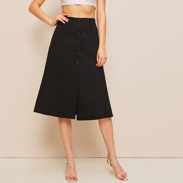 

Button Front Solid A-line Skirt