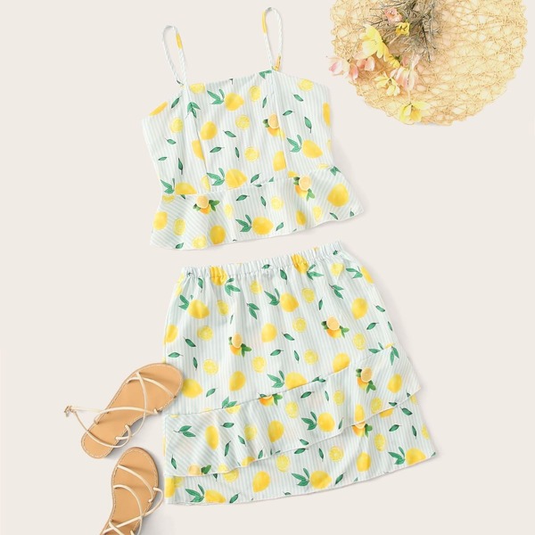

Lemon Print Ruffle Hem Cami & Skirt Set