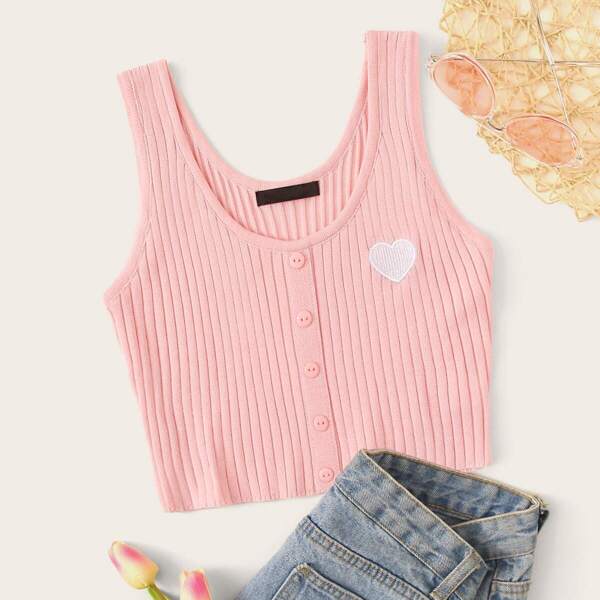

Button Front Rib-knit Patch Tank Top