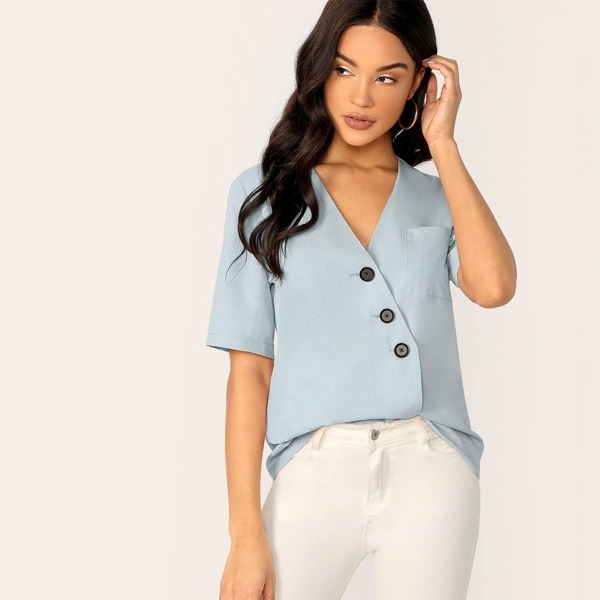 

Pocket Patched Asymmetrical Button Front Wrap Top, Blue