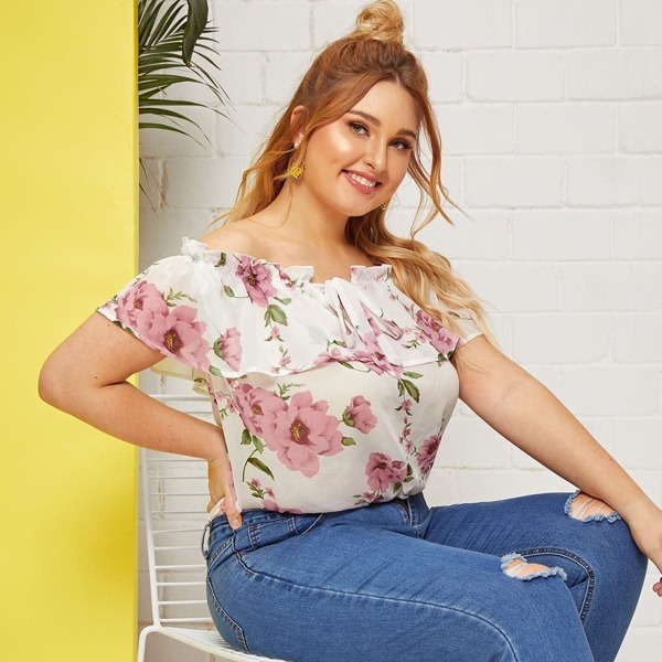 

Plus Floral Print Tie Neck Foldover Front Bardot Top
