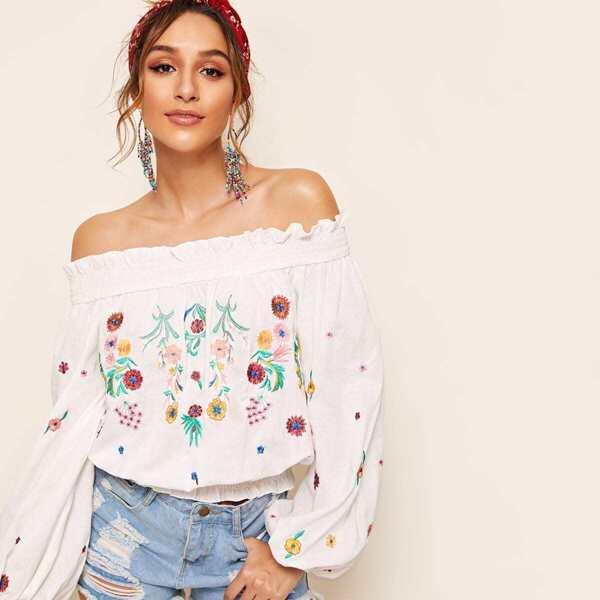 

Off Shoulder Shirred Panel Embroidered Top, White