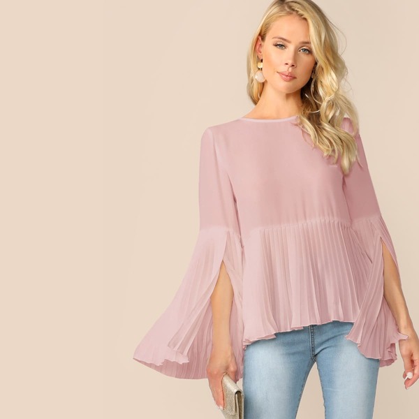 

Solid Zip Back Split Sleeve Pleated Top, Pink