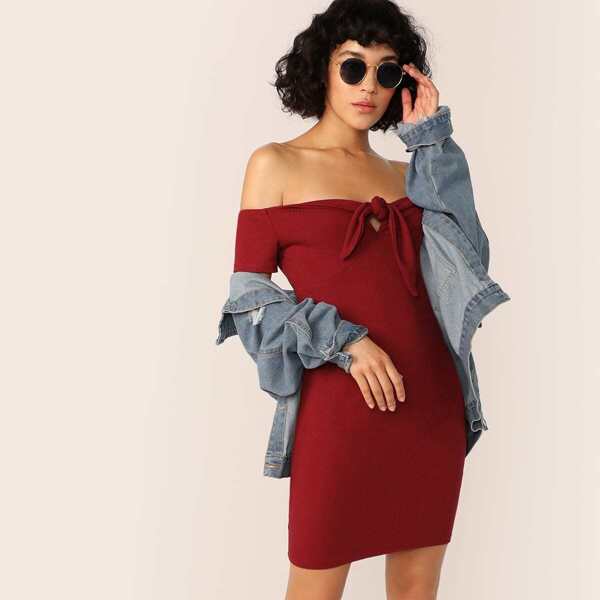 

Knot Front Off Shoulder Rib Knit Dress
