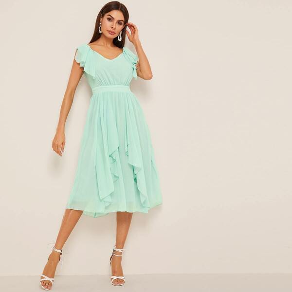 

Flounce Detail Layered Solid Dress, Green