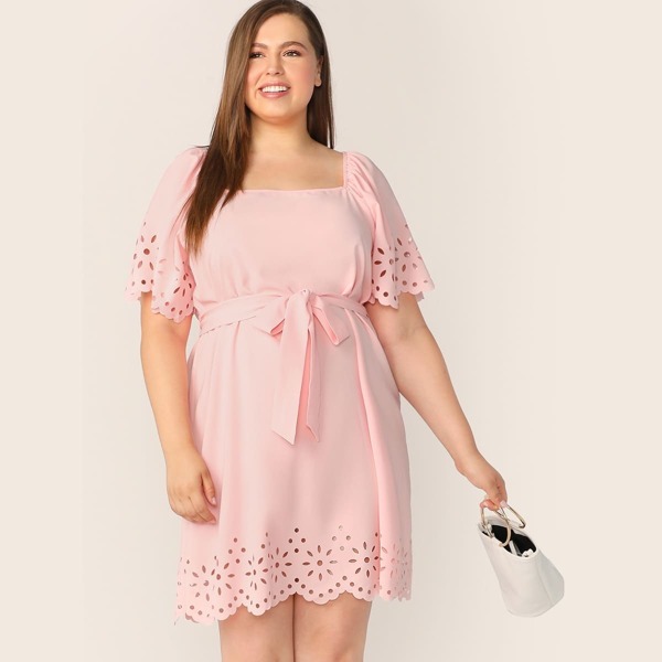

Plus Square Neck Laser Cut Belted Dress