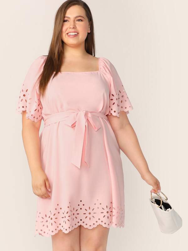 

Plus Square Neck Laser Cut Belted Dress, Pink, Bailey Carr