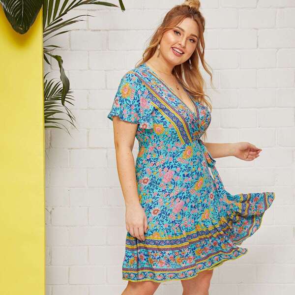 

Plus Ditsy Floral Print Flounce Hem Wrap Dress, Multicolor
