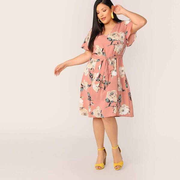 

Plus Self Belted Floral Dress