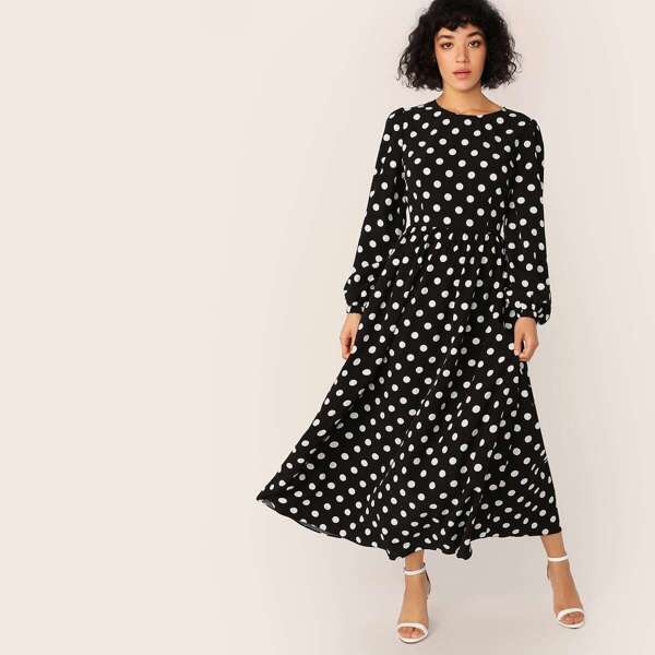 

Polka Dot Lantern Sleeve Fit & Flare Dress, Black