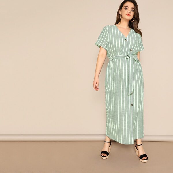 

Plus Asymmetrical Buttoned Self Belted Striped Dress, Green