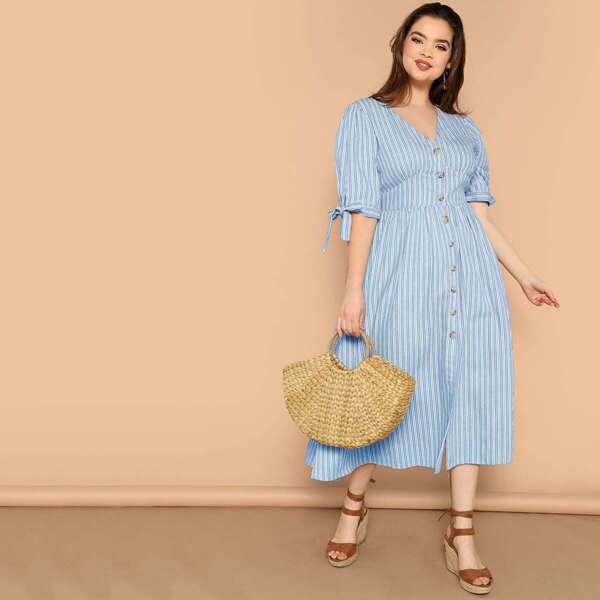 

Plus Knotted Sleeve Button Up Striped Dress, Blue pastel