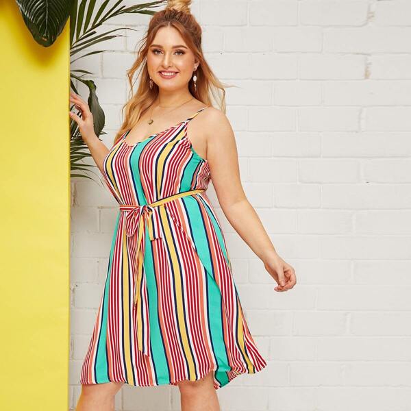 

Plus Colorful Striped Belted Cami Dress