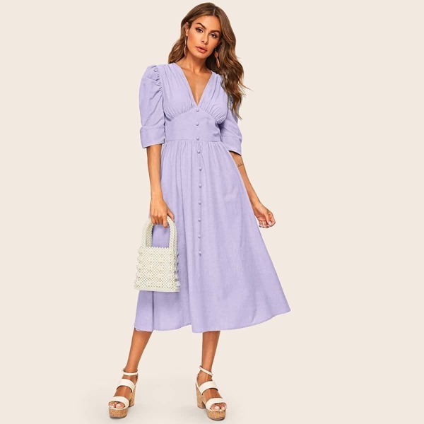 

Button Front Puff Sleeve O-ring Belted High Waist Dress, Purple
