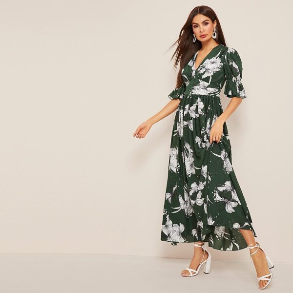 

Empire Waist Button Detail Flounce Sleeve Floral Dress, Green