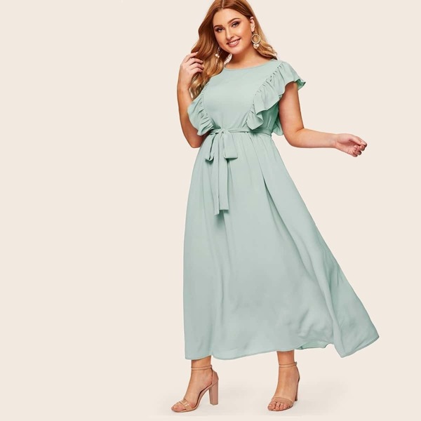 

Plus Ruffle Armhole Self Belted Dress, Green