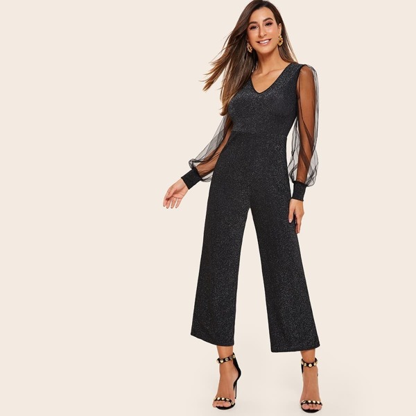 

V-neck Mesh Balloon Sleeve Glitter Wide Leg Jumpsuit