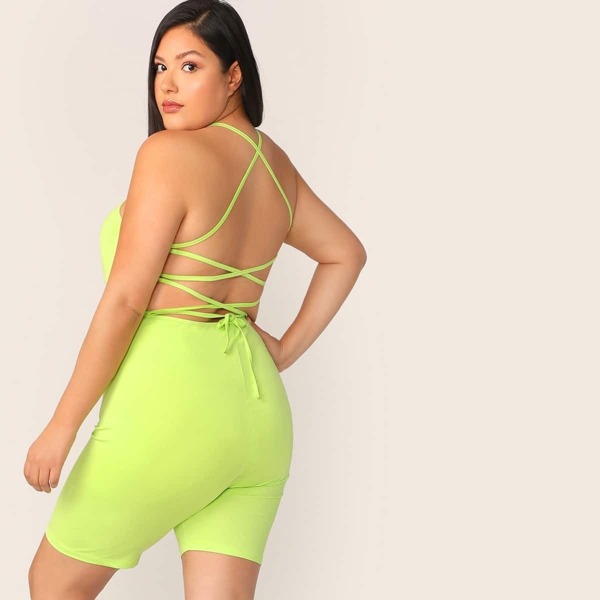 

Plus Neon Lime Lace Up Back Unitard Romper, Green bright