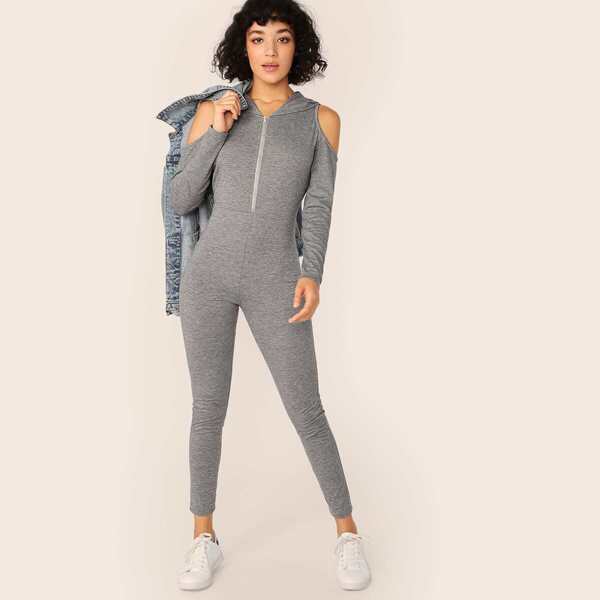 

Zipper Fly Cold Shoulder Hoodie Jumpsuit
