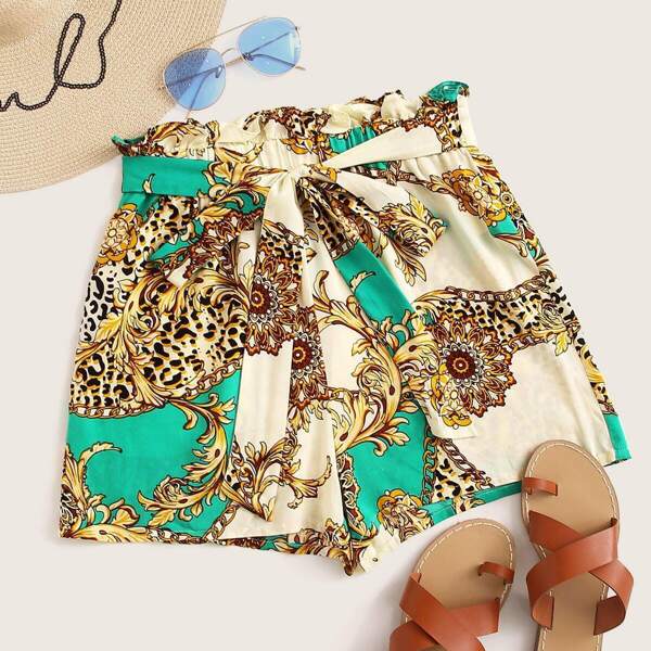 

Paperbag Waist Scarf Print Shorts, Multicolor
