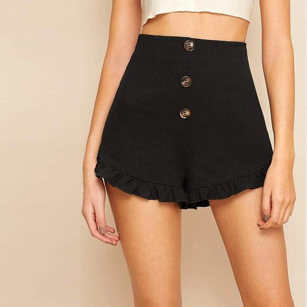 

Button Fly Frilled Hem Shorts, Black