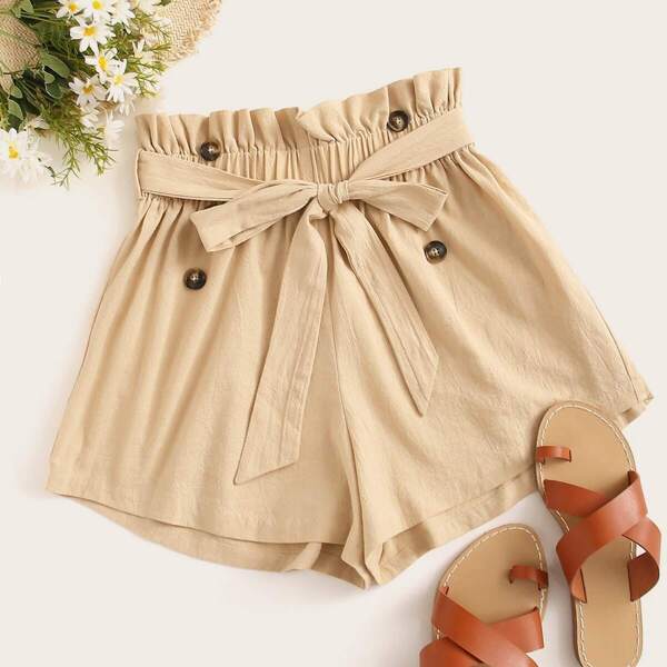 

Paperbag Waist Double Breasted Detail Shorts, Khaki