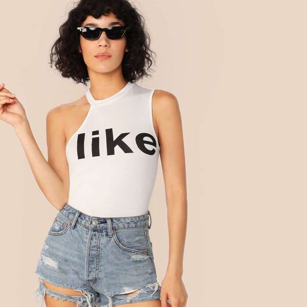

Letter Print Asymmetric Neck Top