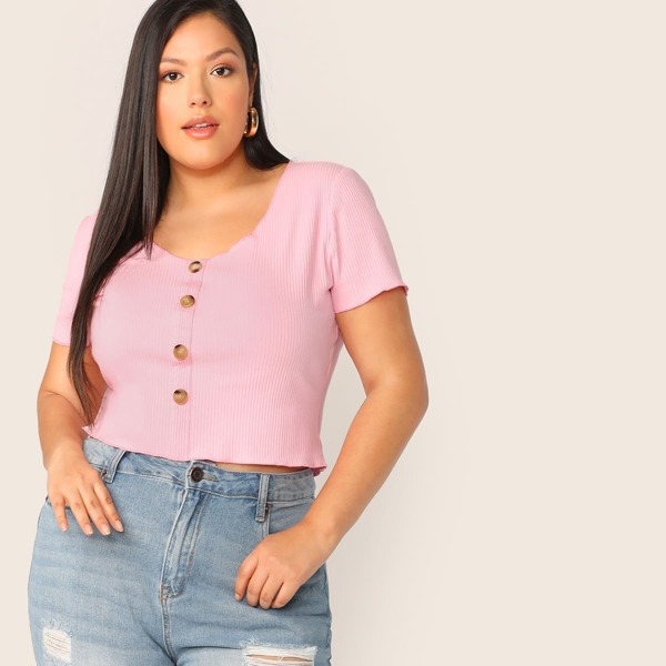 

Plus Button Front Rib-knit Crop Top