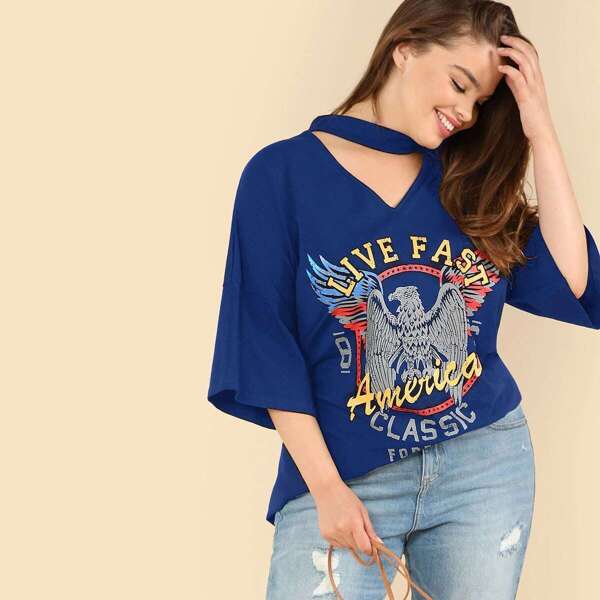 

Plus Choker Neck Graphic Tee, Blue