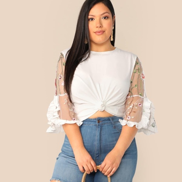 

Plus Frill Trim Embroidered Mesh Sleeve Tee, White