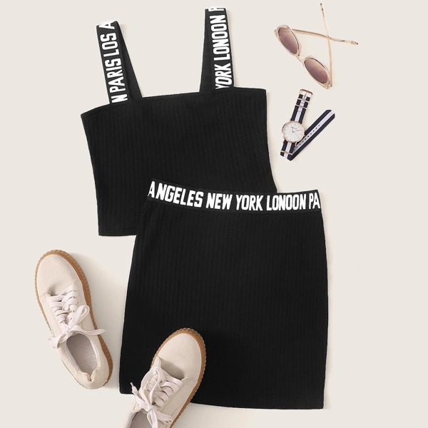 

Letter Strap Rib-knit Crop Top & Skirt Set