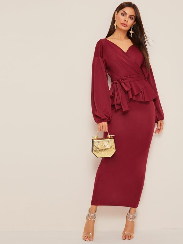 

Lantern Sleeve Wrap Top and Bodycon Pencil Skirt Set, Red, Andy