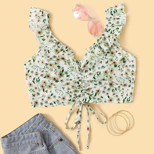 

Ditsy Floral Drawstring Front Shirred Crop Top, Multicolor