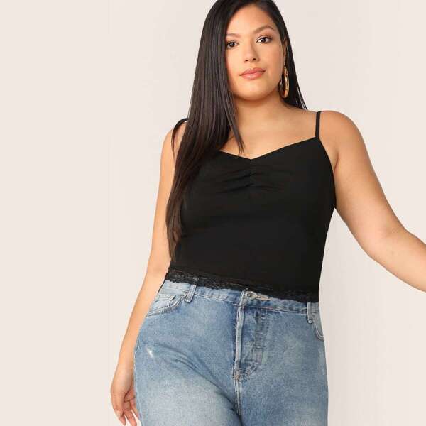 

Plus Ruched Front Lace Hem Cami Top