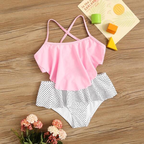 

Girls Floaty Top With Polka Dot Flounce Bikini Set
