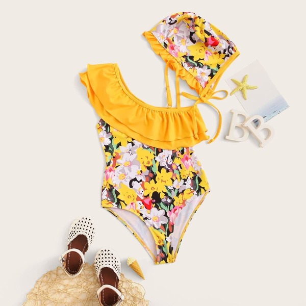 

Girls Random Floral Ruffle One Piece Swim With Hat, Yellow