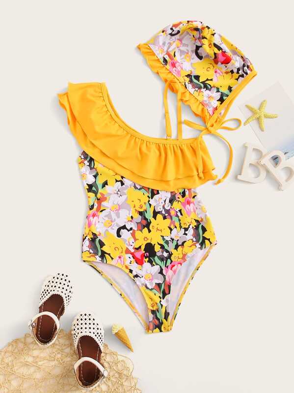 

Girls Random Floral Ruffle One Piece Swim With Hat, Yellow