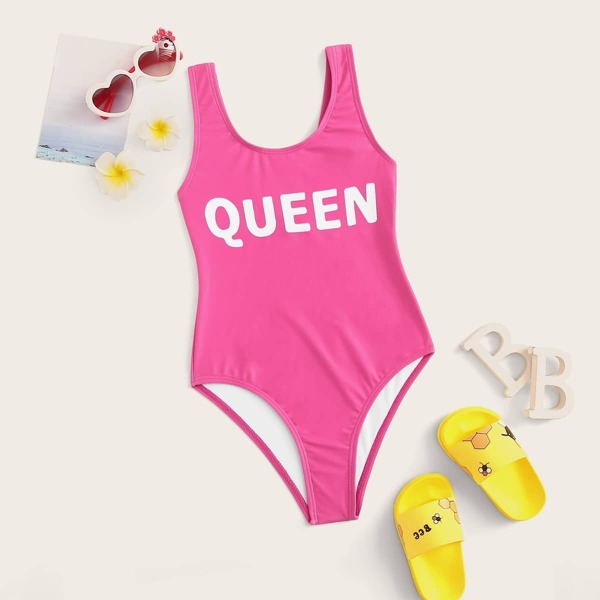 

Girls Letter Print Low Back One Piece Swim