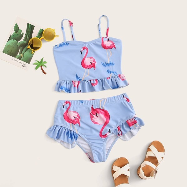 

Girls Random Flamingo Print Ruffle Hem Bikini Set