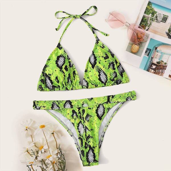 

Snakeskin Print Triangle Halter Bikini Set