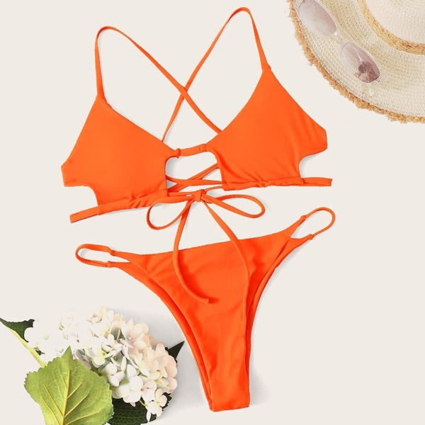 

Criss-cross Tie Back Top With Tanga Bikini Set