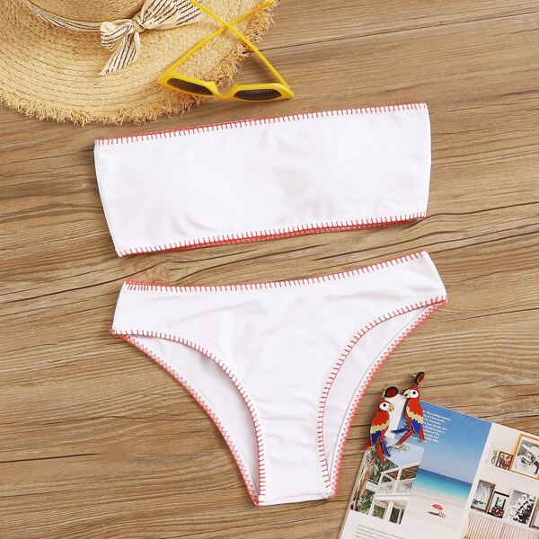 

Whip Stitch Bandeau With Panty Bikini Set, White
