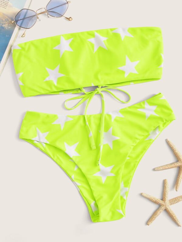 

Neon Lime Star Print Lace-up Bandeau Bikini Set, Green