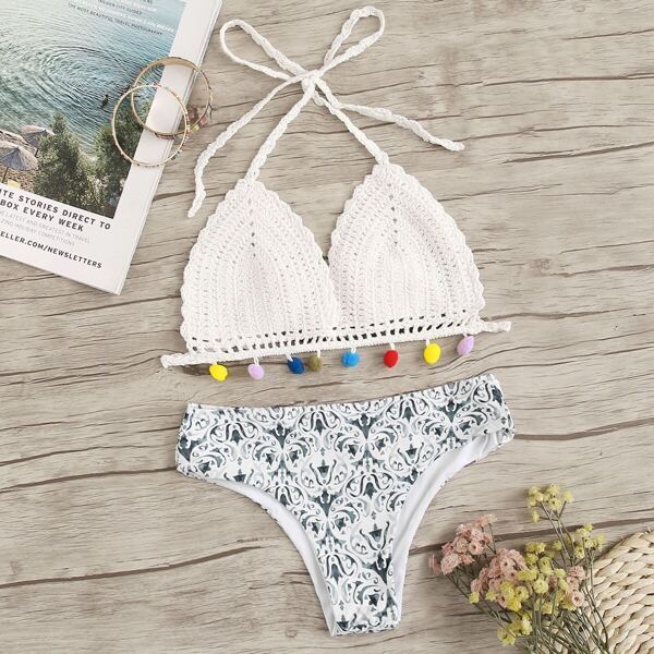 

Crochet Pom-pom Trim Top With Random Porcelain Bikini